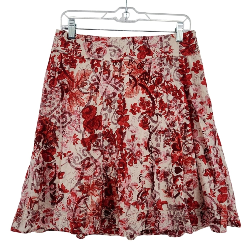 VTG GAP 4‎ Red White Floral Toile Pleated A-Line Skirt Cottagecore Romantic Boho